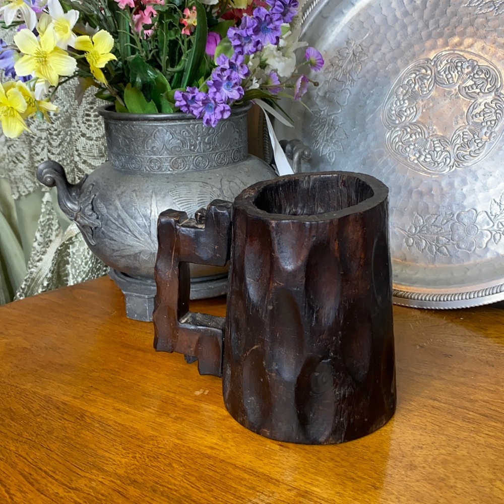 . Antique Carved Wooden Thumbprint Mug with Handle